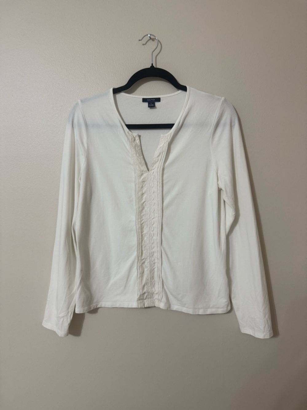 Nautica Cream Long-Sleeve Split V-Neck Top with Embroidered Placket Size L soft